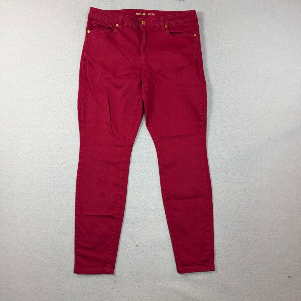 Michael Kors Pants Womens 10 Izzy Skinny Burgundy Red Stretch Denim EUC